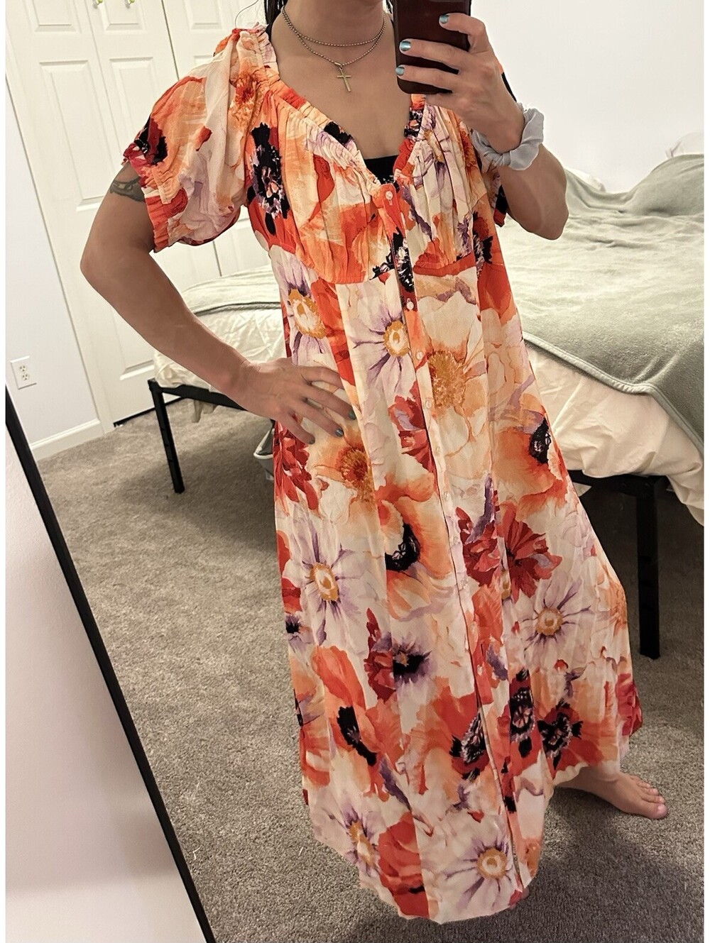 NWT Women's H & M Orange Floral Short Sleeve/Off Shoulder Maxi Dress Size XXL